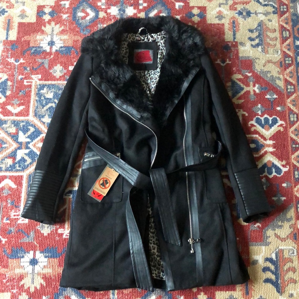 Black Fur and Leather-Trimmed Trench Coat